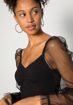 Even&Odd Long Puff Sleeves Rushing Bodycon Dress - Vestido De Cóctel - Black -Estilo Urbano Ventas 2113c43a644a4d11a7f109a500a5177d