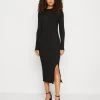 Even&Odd Circ Long Sleeves Midi High Slit Dress - Vestido De Punto - Black