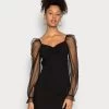 Even&Odd Long Puff Sleeves Rushing Bodycon Dress - Vestido De Cóctel - Black